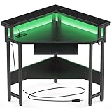 DUMOS Conner Desk Home Office Computer Desk for Small Space with LED Lights Gaming Table with Storage Shelves Power Outlets Monitor Stand Keyboard Tray for Bedroom, Black
