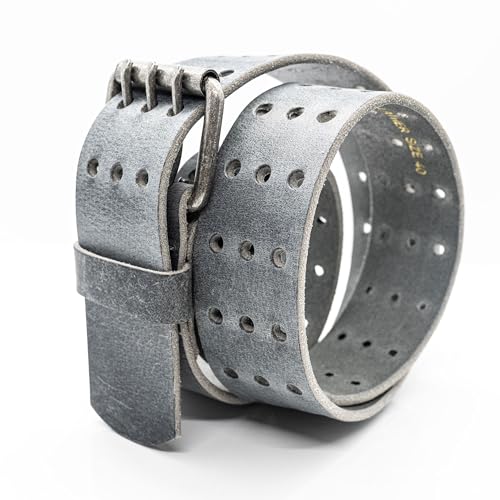 Full Grain Buffalo Leather 3-Hole Three Prong Casual Jeans Belt 1.75 inches (45mm) Wide - Slate Gray4