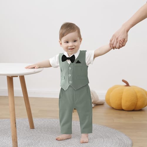 Image of DISAUR Baby Boy Clothes Toddler Boy Outfits 4PCS Gentleman Dress Romper /Vest /Pants /Bow Tie Cotton Suit Sets