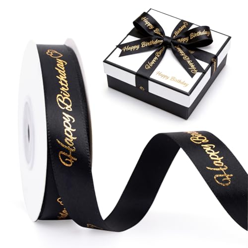 G2PLUS Ruban en Satin Noir: Ruban Cadeau 15 mm avec Impression “Happy Birthday” Dorée – 25 Yards/22 m | Décorations d’Anniversaire, Mariages, Fêtes,...