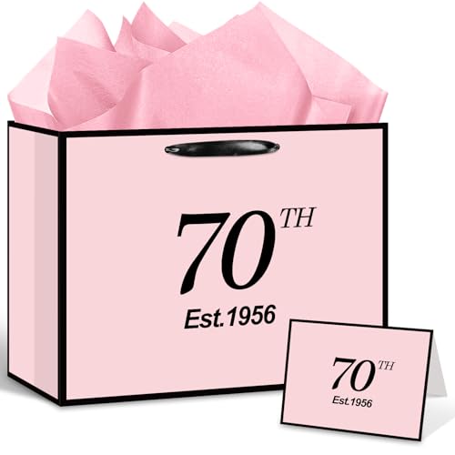 Yoirrat Est 1956 70th Birthday Gift Bag for Her Women with Wrapping Tissue Paper & Card Large Pink Black 70th Gifts Bag Happy Seventy Bday Party Favors Supplies Present for Daughter Friend Sister