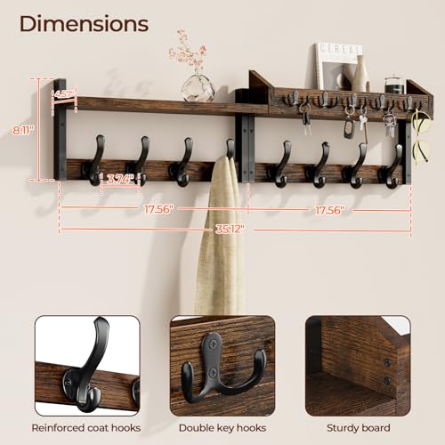 Image of Evermagin 35 inch Coat Rack Wall Mount with Shelf, 4 in 1 Coat and Key Hanger with 13 Metal Hooks, Entryway Wall Mounted Shelf with Mail Holder for Living Room, Bedroom, Rustic Brown