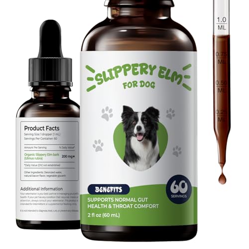 Slippery Elm for Dogs Liquid Drops Organic Slippery Elm Bark Extract Gut and Throat Comfort Support Easy Mix-in Dog Supplement Bacon Flavor 2 fl oz