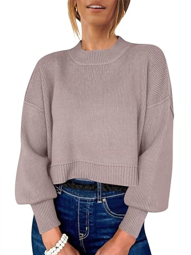 ANRABESS Womens Cropped Sweaters Oversized Crewneck Long Batwing Sleeve Side Slit Ribbed Knit Pullover Tops 2025 Fall Clothes