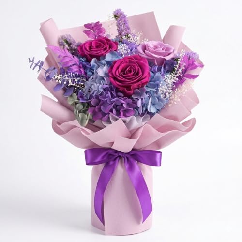 Preserved Flowers Bouquet, Flowers for Delivery,Handmade Purple Rose Bouquets Lasting 3-5 Years,...