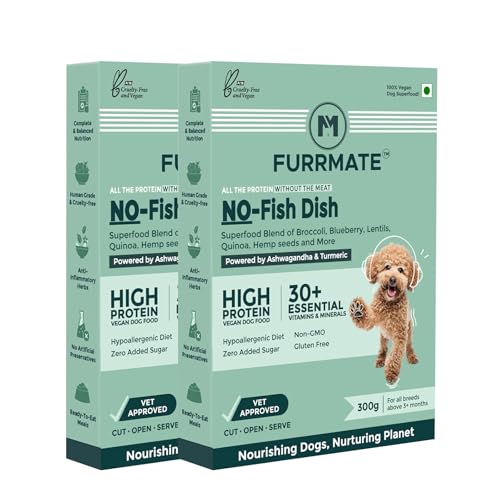 FURRMATE Fresh Wet Dog Food Vegan and Nutritionally Complete | Dog Food for Sensitive stomachs | Human-Grade Ingredients | High-Protein Recipe for Active Dogs (300 Gram (Pack of 2), NO-Fish Dish)