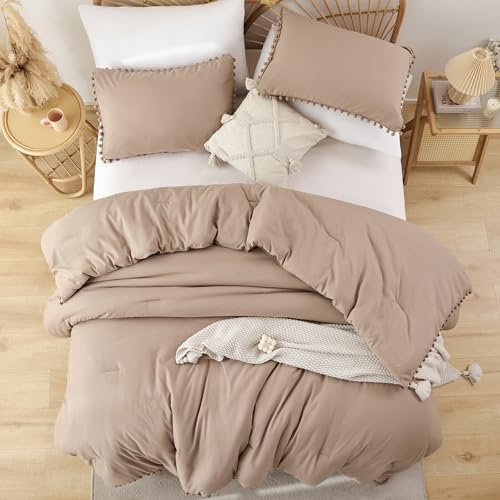 YIRDDEO King Size Comforter Set - King Size Comforter with Ball Pom Fringe, Soft King Bedding Set for All Seasons - 3 Pieces, 1 Comforter (104"x90"inches) & 2 Pillow Shams(20"x36"), Taupe