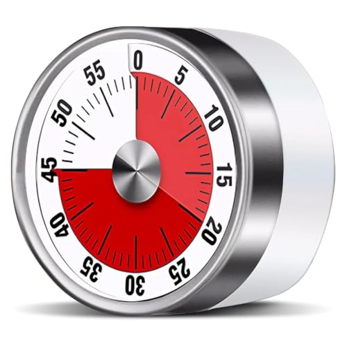 Image of Bramani 60‑Minute Mechanical Kitchen Timer - Magnetic Stainless‑Steel Visual Countdown Clock with Loud Alarm, Battery‑Free Wind‑Up Design - Perfect for Cooking, Study, Office & Classroom (White)