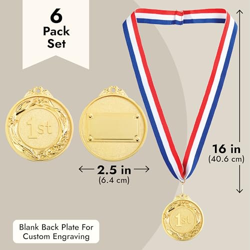 Juvale 1st Place Medals - 2.5" Dia, Gold, Pack of 6 with 16" First Place Ribbon - Gold Medals for Awards & Sports Tournaments - Soccer & Baseball Prizes & Relay Race Prizes