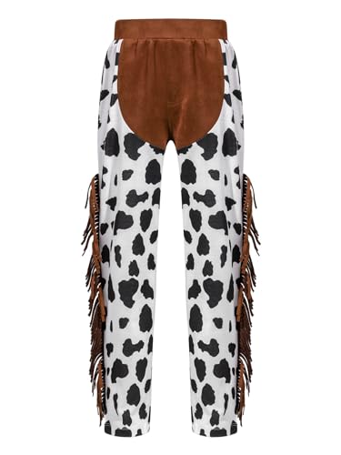 Kids Boys Halloween Cowboy Cosplay Cow Print Patchwork Tassel Pants Western Chaps Dress Up Party Trousers - Main Image