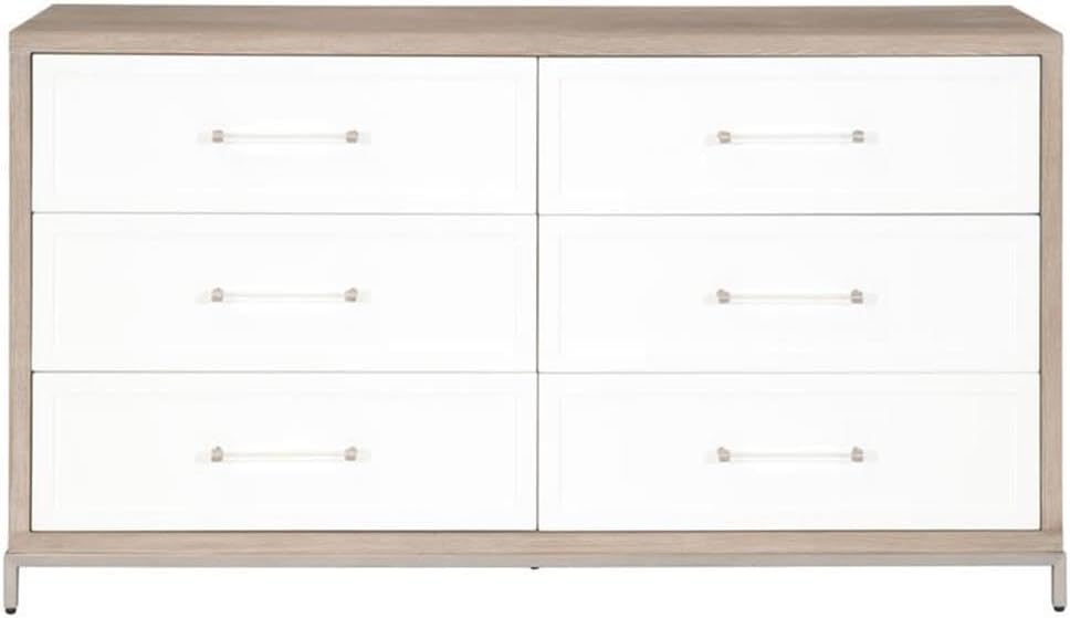 Pemberly Row 6-Drawer Wood Double Dresser, 35" H x 63" W x 20" D, Natural Gray Acacia, Matte White & Brushed Stainless Steel, Full Extension Metal Glides, Transitional Style Bedroom Storage