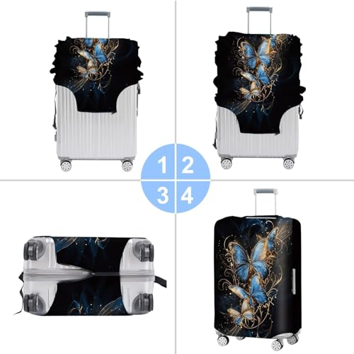 Image of Elegant Butterfly Luggage Cover for 20-22 Inch Suitcase - Blue and Gold Artistic Insect Design Travel Protector - Washable Stretch Suitcase Cover for Stylish Travelers,S