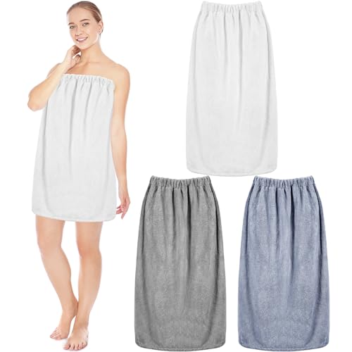 Cuffbow 3 Pcs Towel Wrap for Women Spa Body Robe Full Length Female Bath Shower with Adjustable Closure Elastic Top Plush(L Grey White Blue)