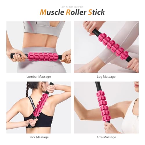 5 in 1 Foam Roller Set for Deep Tissue Muscle Massage, Trigger Point Fitness Patented Exercise Foam Roller, Massage Roller, Massage Ball, Stretching Strap, for Whole Body (Pink-Black) - Image 5