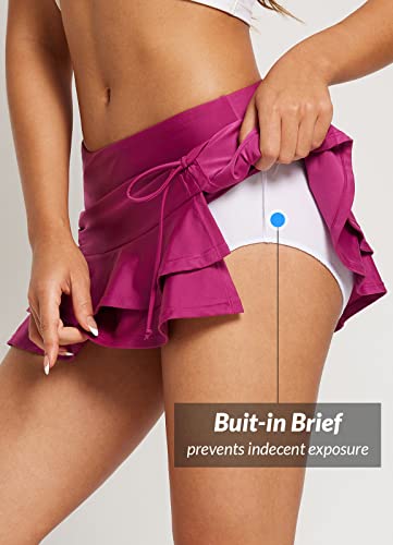 Baleaf High Waisted Swim Skirt Bottoms Women Tummy Control Ruched Drawstring Bathing Suit Swimsuit Skort Skirt With Pocket Rose Red S #TOP2