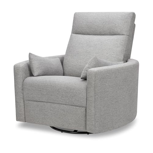 Image of Davinci Atlas Upholstered Recliner and Swivel Glider in Frost Grey | Nursery Glider Chair with High Back, Padded Armrests, and Bolster Pillows | Smooth Recline for Nursing and Feeding