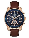 GUESS Brown + Blue Genuine Leather Chronograph Watch with Date Function. Color: Brown (Model: U0673G3)