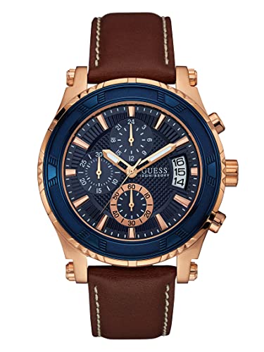 GUESS Brown + Blue Genuine Leather Chronograph Watch with Date Function. Color: Brown (Model: U0673G3)