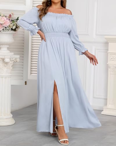 Image of Holipick Women's Off The Shoulder Boho Dress Plus Size Floral Smocked Waist Split Summer Maxi Sundress with Pockets