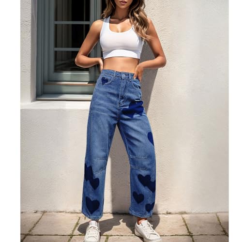 Straight Leg Jeans for Women High Waist Heart Printed Baggy Denim Pants Vintage Seam Front Wide Leg Jeans4