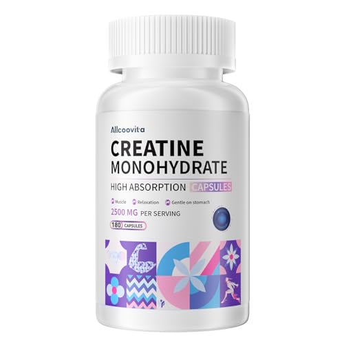 Allcoovita Creatine Monohydrate Capsules -3 Creatine Capsules per Serving, 2500mg, Gluten Free, 180 Capsules