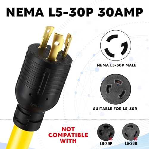 Image of Tellegloww 3ft NEMA L5-30P to 6-50R 30Amp to 50Amp Welder Extension Cord L5-30P Male to 6-50R Female Locking 3 Prong to 3 Prong Welder Power Adapter, STW 10 AWG /3C, ETL Listed