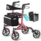 WALK MATE Rollator Walker for Seniors with Cup Holder, Upgraded Thumb Press Button for Height Adjustment, 4 x 8 Wheels Walker with Seat Padded Backrest Folding Lightweight Walking Aid, Red