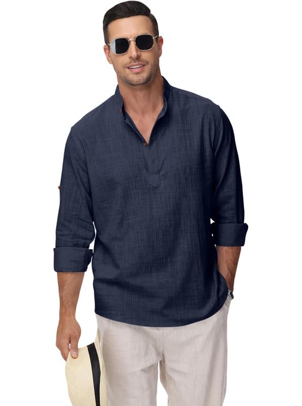Image of Macsivo Men's Cotton Blend Solid Short Kurta with Regular Lenth Mandarin Collar Short Button Placket Rolled up and Full Sleeves Kurta for Men