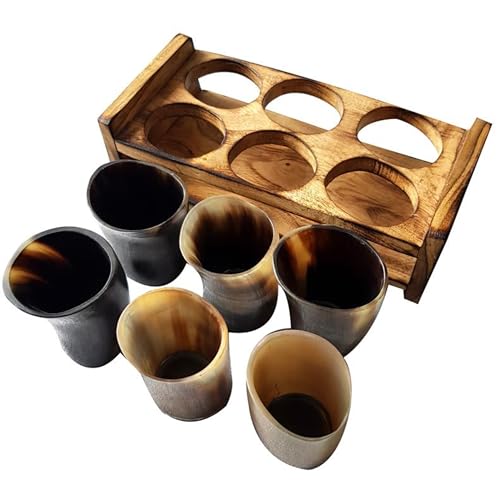 Set di 6 bicchieri da birra in stile medievale, realizzati a mano, con supporto in legno