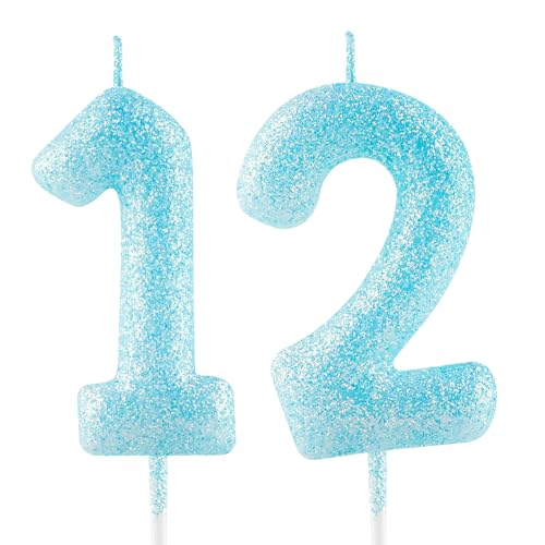 Vela de cumpleaños número 12 con purpurina azul con el número 12, velas luminosas para decoración de tartas, vela de feliz cumpleaños para niñas, niños, mujeres, aniversarios, celebraciones