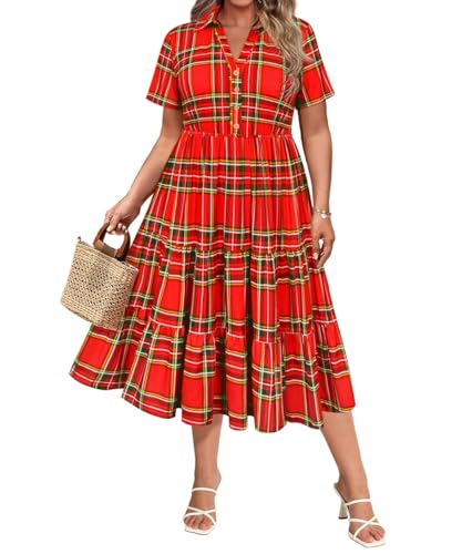 Image of CARCOS Plus Size Dresses for Curvy Women Collared Vneck Short Sleeve Dresses Midi Summer Ruffle Dress with Pocket XL-5XL