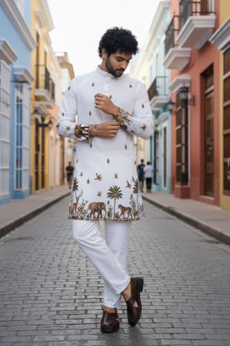 Image of Trustous Men's White Printed Kurta | Stylish Ethnic Wear Kurta for Men | Regular Fit Traditional Kurta | Festive, Wedding, Party & Casual Wear