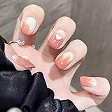 MISUD Short Press on Nails Square Fake Nails Glossy Squoval False Nails Pink Marble Glue on Nails...
