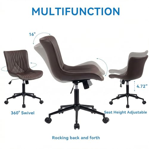 Image of YOUNIKE Office Chair Brown, Armless Desk Chair with Wheels, Home Office Task Chairs, Modern Faux Leather Upholstered Adjustable Swivel Rocking Chair with Back