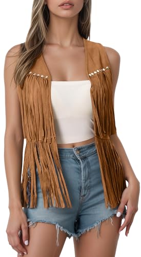 Maeau – Chaleco de mujer sin mangas falso ante con flecos casual chaqueta sin botones estilo vaquero S-XXL, marrón, L