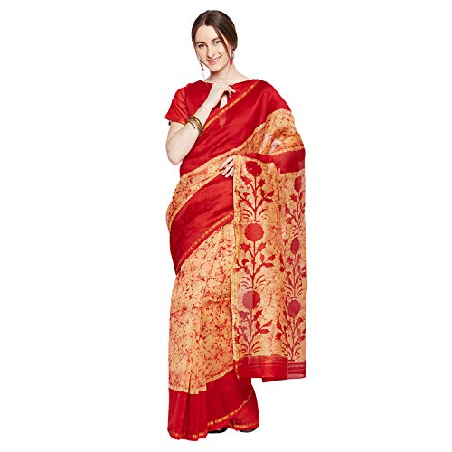 Pinkshink Womens Pure Handwoven Chanderi Silk Red Printed Indian/Pakistani Saree With Unstitched Blouse Piece