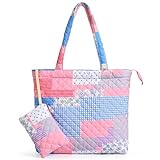 KIDJFGG Floral Quilted Tote Bag with Zipper, Small Quilted Puffer Bag for Women, Designer Carryall Cotton Tote w/Detachable Pouch, Lightweight Soft Shoulder for Travel, Work, college, Everyday Purse