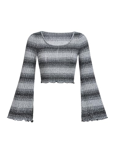 OYOANGLE Girl's Striped Print Long Flare Sleeve Scoop Neck Lettuce Trim Ribbed Knit Crop Tee Tops