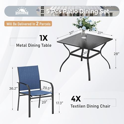 Image of SUNSHINE VALLEY 5pc Patio Dining Set, 37 inch Square Table & 4 Blue Chairs