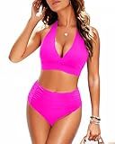 Tempt Me Women Hot Pink Two Piece High Waisted Bikini Set Swimsuits Push Up Halter Tummy Control Bottoms Bathing Suits M