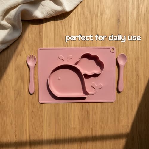 Image of Silicone Baby Meal Plate Set with Spoon & Fork | Whale Shaped | Strawberry Pink Colour | 2 Section Divided Plate for Toddlers | Food Grade Kids Feeding Set | Microwave Dishwasher Safe