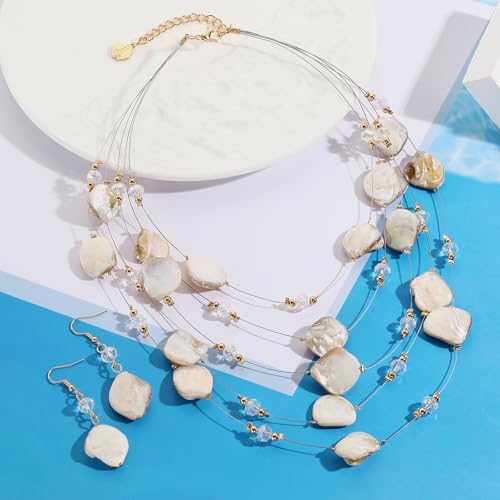 Image of Coiris Natural Seashell Choker Necklaces Earrings Jewelry Set for Women Starfish Shell Freshwater Pearl Collar Necklaces for Women Irregular Mother of Pearl Jewelry Set