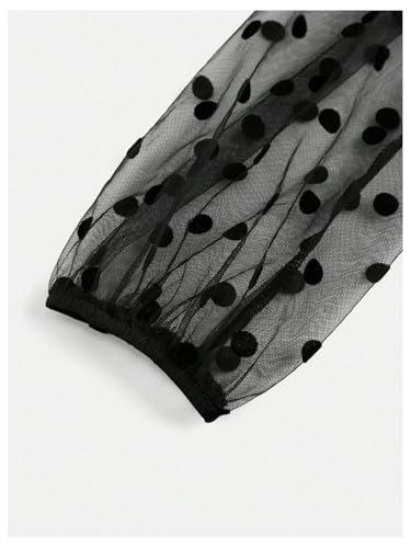 WDIRARA Girl's Polka Dots Sheer Mesh Bishop Long Sleeve Ruched Bodycon Short Dress4