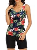 Imuedaen Tankini Damen Badeanzug Tummy Control Top Mit Shorts Zweiteiler Farbverlauf Gestreift Bikini Sets Swimsuit Gepolsterte Bademode Beachwear (B Marine, XXL)