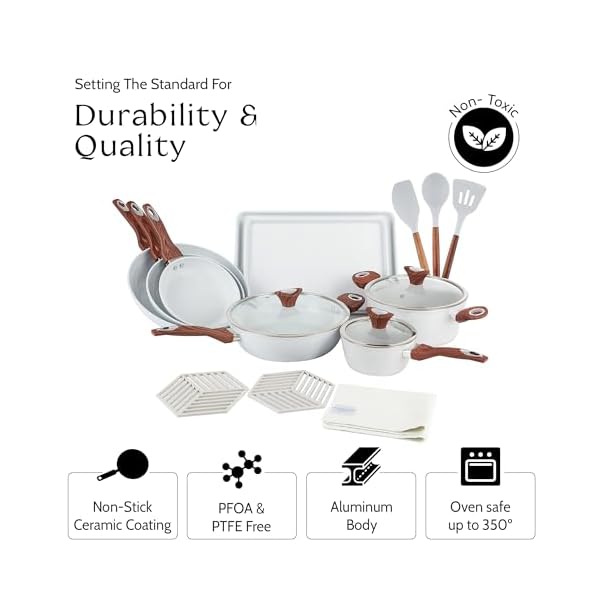 Phantom chef 18 piece cookware set non stick ceramic coating oven dishwasher safe pfoa free aluminum pots pans set with lids stay cool handles induction stovetop compatible beige  urban country home decor