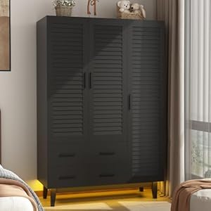 3doorarmoirewardrobeclosetcabinetwithdrawersandledlightsmultitiershelveshangingrod3louverdoorslargecapacitystoragewardrobearmoireforbedroom3doorsblack Urban Country Home Decor 3 door armoire wardrobe closet cabinet with drawers and led lights multi tier shelves hanging rod 3 louver doors large capacity storage wardrobe armoire for bedroom3 doors black urban country home decor