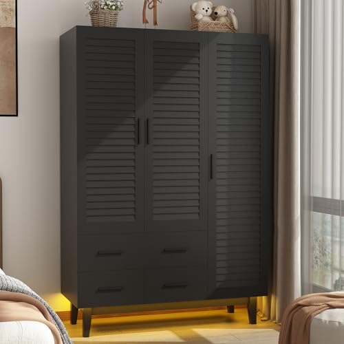 3doorarmoirewardrobeclosetcabinetwithdrawersandledlightsmultitiershelveshangingrod3louverdoorslargecapacitystoragewardrobearmoireforbedroom3doorsblack Urban Country Home Decor 3 door armoire wardrobe closet cabinet with drawers and led lights multi tier shelves hanging rod 3 louver doors large capacity storage wardrobe armoire for bedroom3 doors black urban country home decor