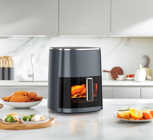 Image of OLIXIS 12-in-1 Air Fryer 6.34 Quarts, Visable Airfryer with Window, 400F, Roast, Reheat, Dehydrate, Bake, Steam, Fries, Custard, Chicken, Wings, Sea Food, Vegetabels, Grey