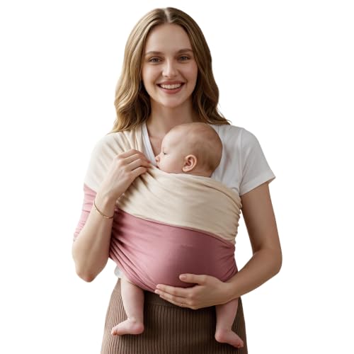Baby Wrap Carrier, Lightweight Baby Wearing Wraps for Newborn and Infant, Soft Swaddle Holder Carrier, Cozy Baby Sling 7-35 lbs Cream+Pink