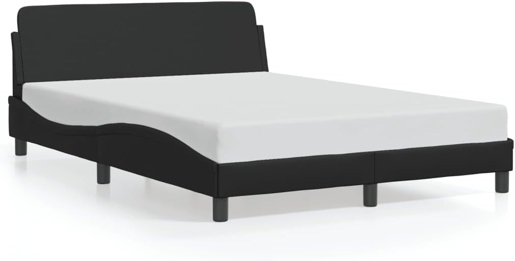 Double Bed Frame with Black Faux Leather Upholstery and Solid Pine Wood, Sturdy Platform Foundation with Slatted Mattress Support, Easy Assembly, Modern Minimalist Bedroom Furniture